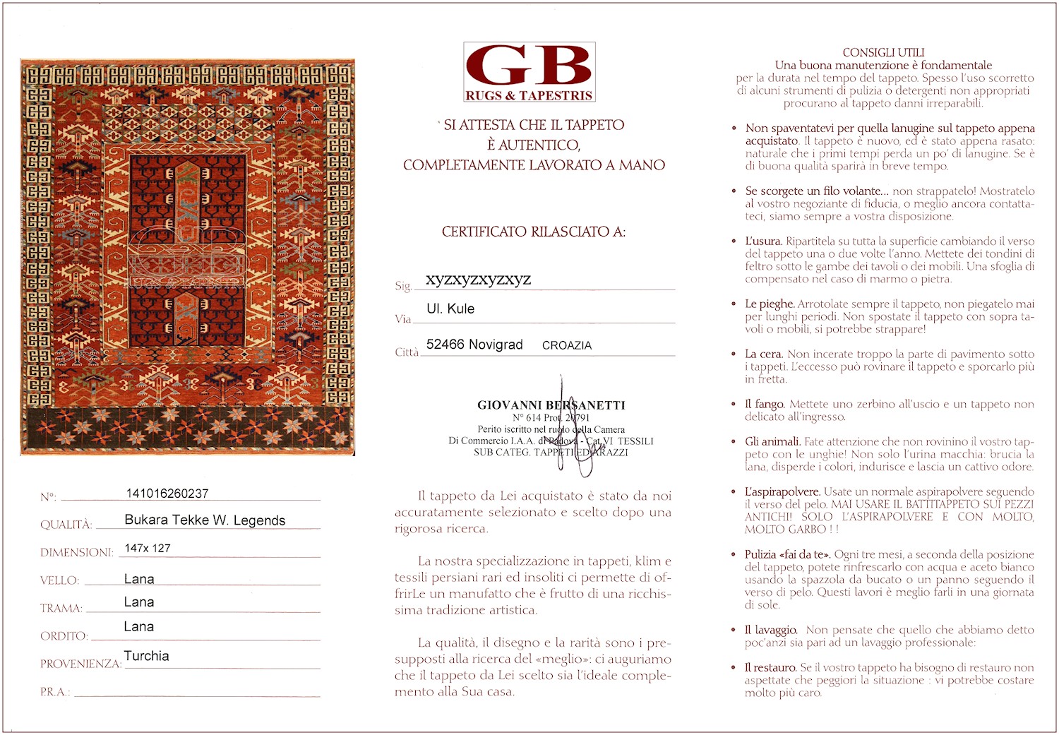 Guarantee of Authenticity Certificate